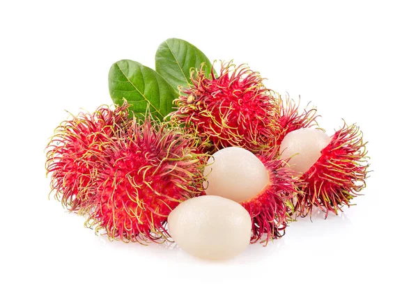 Rambutan Sladké Lahodné Ovoce Listem Izolované Bílém Pozadí Plná Hloubka — Stock fotografie