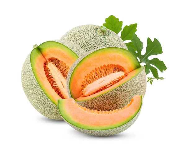 Reife Melone Mit Scheibe Und Blatt Isoliert Auf Weißem Hintergrund — Stockfoto