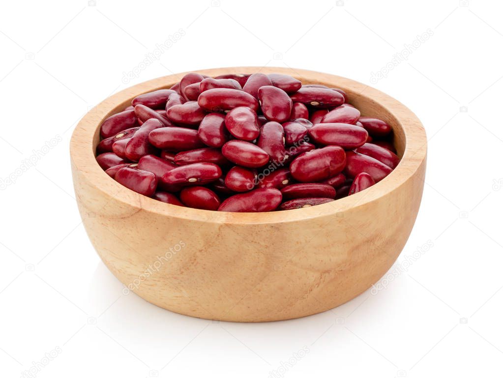 red beans in wood bowl isolated on the white background
