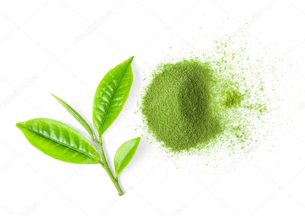 Green tea powder on white background