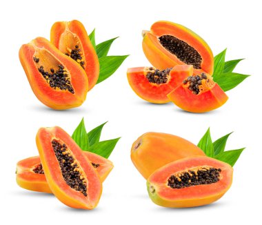 Beyaz arkaplanda izole edilmiş olgun papaya seti