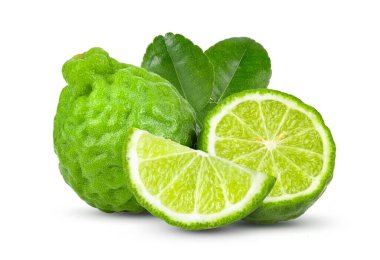 bergamot ya da kaffir yapraklı beyaz arkaplanda tam derinlikte izole edilmiş alan