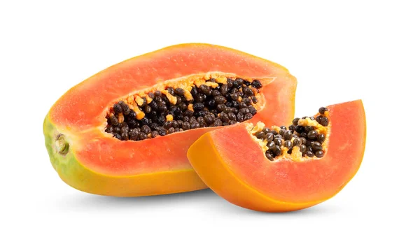 Papaya Gyümölcs Fehér Alapon Izolált Magokkal Teljes Mélységélesség — Stock Fotó