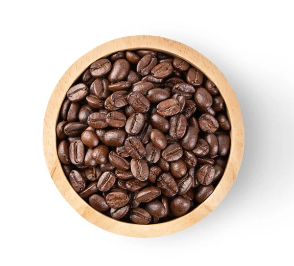 Coffee Beans Wood Bowl Isolated White Background Top View — Stock Photo, Image