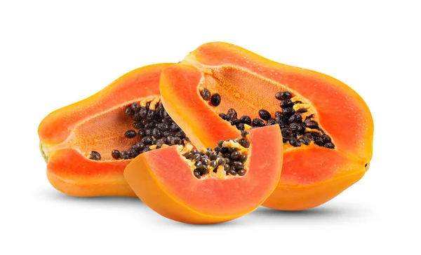 Half Ripe Papaya Fruit Seeds Isolated White Background Full Depth — Stock Photo, Image