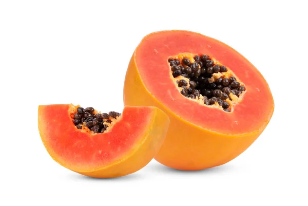 Félig Érett Papaya Gyümölcs Magvak Izolált Fehér Alapon — Stock Fotó