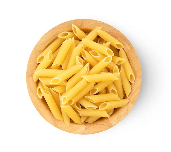 Mucchio Maccheroni Crudi Ciotola Legno Isolato Fondo Bianco — Foto Stock