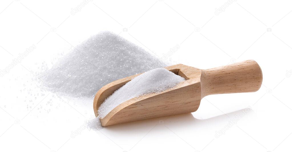 salt in wood scoop  isolated on white background