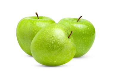 Taze yeşil elma beyaz arka planda izole edilmiş ve su damlası tam derinlikte.