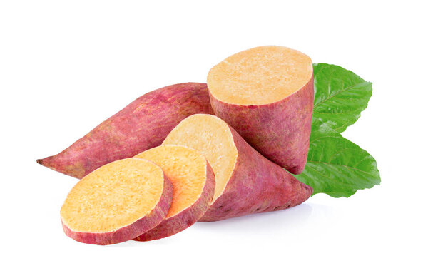 sweet yam potato with leaf isolated on the white background