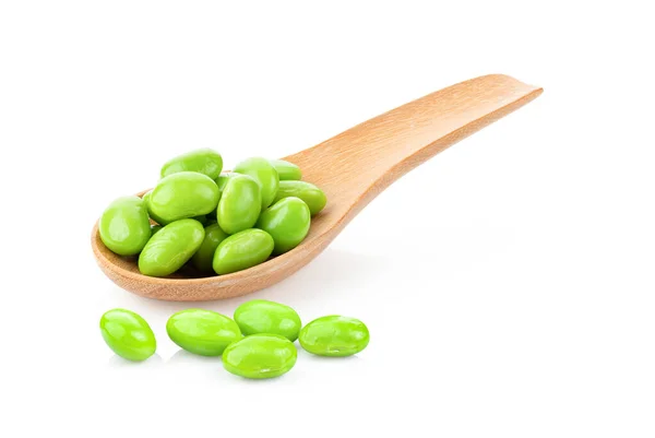 Green Soybeans Wood Spoon Isolated White Background — Stock Photo, Image