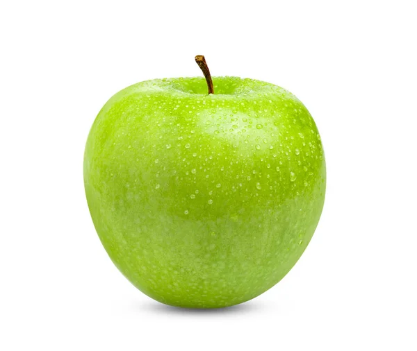 Čerstvé Zelené Jablko Izolované Bílém Pozadí Kapkou Vody Plné Hloubce — Stock fotografie