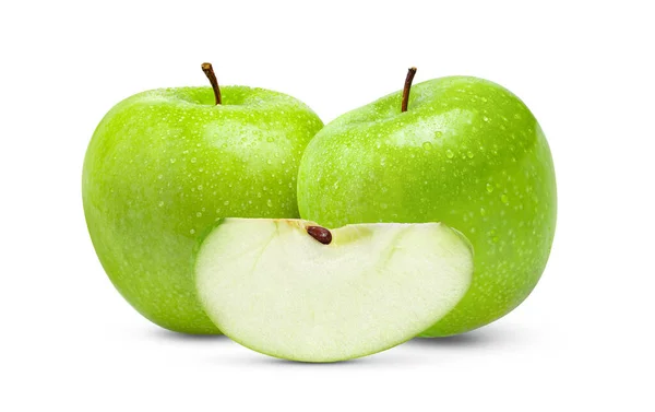 Manzana Verde Fresca Aislada Sobre Fondo Blanco Con Gota Agua —  Fotos de Stock