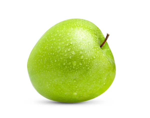 Manzana Verde Fresca Aislada Sobre Fondo Blanco Con Gota Agua —  Fotos de Stock