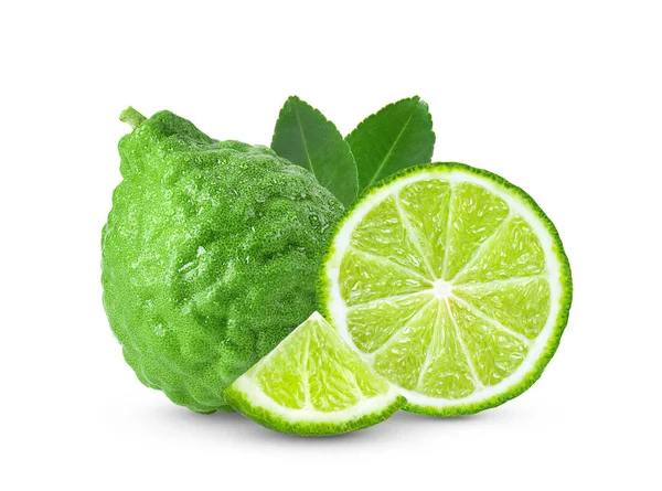 Bergamot Vagy Kaffir Cseppfolyós Vízzel Elszigetelt Fehér Alapon — Stock Fotó