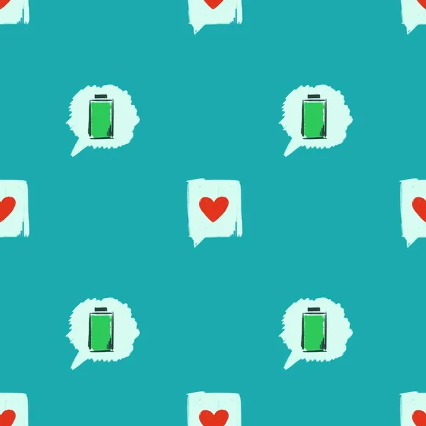 Seamless pattern in comic style. illustration of a charged battery and a heart