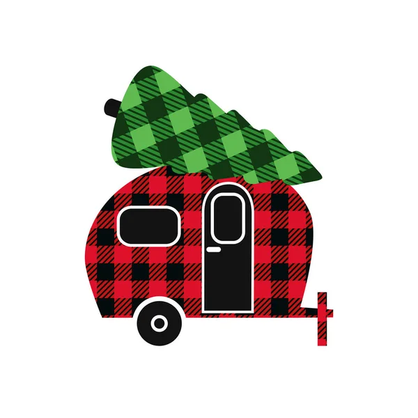 Üdvözlőlap Kockás Piros Kemping Lakókocsival Zöld Karácsonyfa Tetőn Boldog Évet — Stock Vector