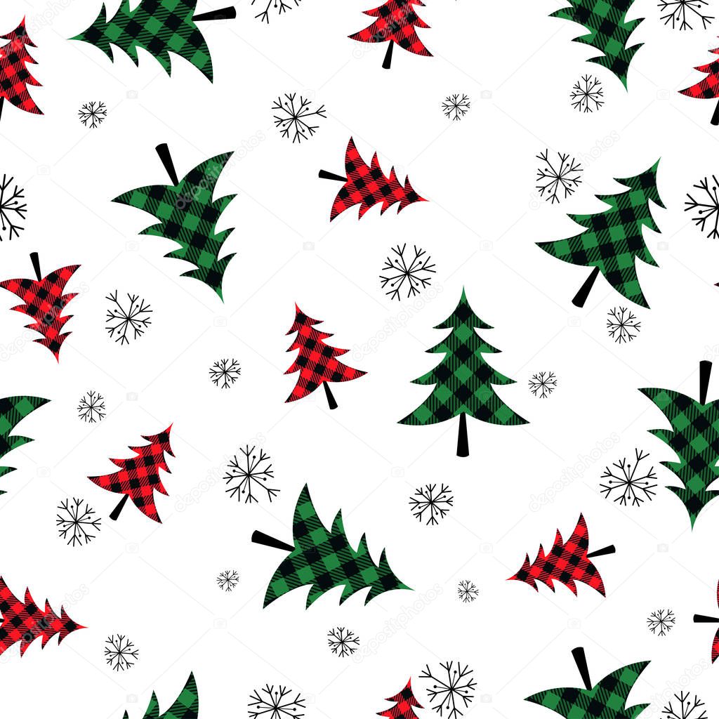 seamless festive pattern with checkered red and green Christmas trees and snowflakes, happy New year and Christmas concept 