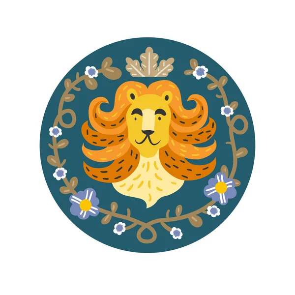 Lejonhandritad Vektorillustration Söt Tecknad Vilda Karaktär Affisch Kronad Animalin Blomkrans — Stock vektor