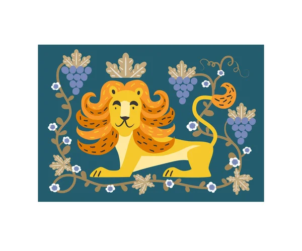狮子手绘矢量图解 可爱的卡通人物海报 北欧风格的头冠动物 花卉和藤蔓画 平面背景 — 图库矢量图片