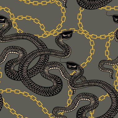 Altın zincirler ve yılanlar. Vektör kusursuz desen. Eski doku. 