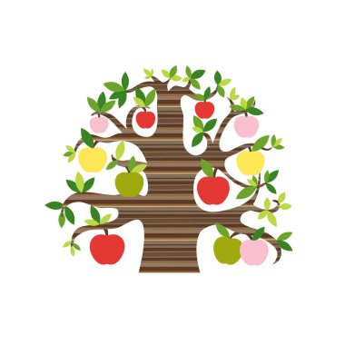  Elma ağacı. Çizgili gövdeli ve çok renkli elmalı bir ağacın silueti. Çiftlik evi dekoru. Hasat mevsimi. Vektör illüstrasyonu.