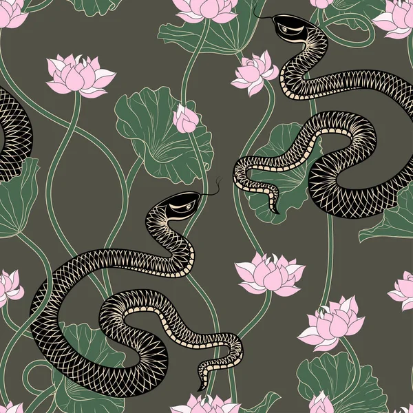 Lotuses Leaves Golden Snakes Vector Seamless Pattern Vintage Texture — Stock Vector