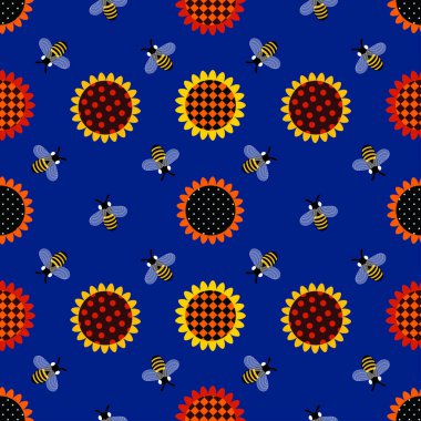 Arılar ve ayçiçeği çiçekleri. Mavi arka planda kusursuz vektör deseni. Çeşitli çiçekler ve böcekler. Bal toplamanın resmi. Çiftlik evi dekoru.