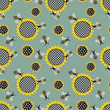 Arılar ve ayçiçeği çiçekleri. Gri bir arka planda kusursuz vektör deseni. Çeşitli çiçekler ve böcekler. Bal toplamanın resmi. Çiftlik evi dekoru.