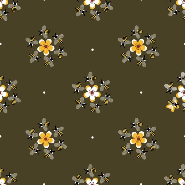 Бджоли Квіти Соняшнику Безшовний Векторний Візерунок Синьому Фоні Різні Квіти — стоковий вектор