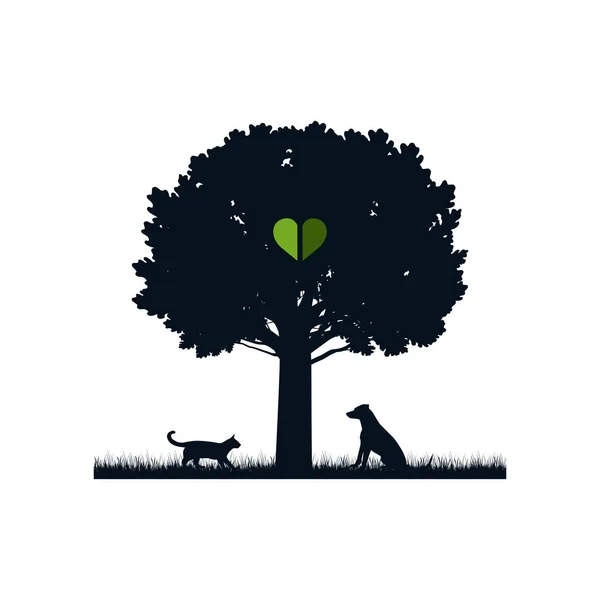 Animali Natura Illustrazione Cane Gatto Accanto All Albero Come Simbolo — Vettoriale Stock