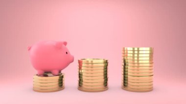 Domuz kumbarası pembe arka planda altın sikkeye atlıyor. Para tasarrufu ve 3D ekonomi animasyonu..
