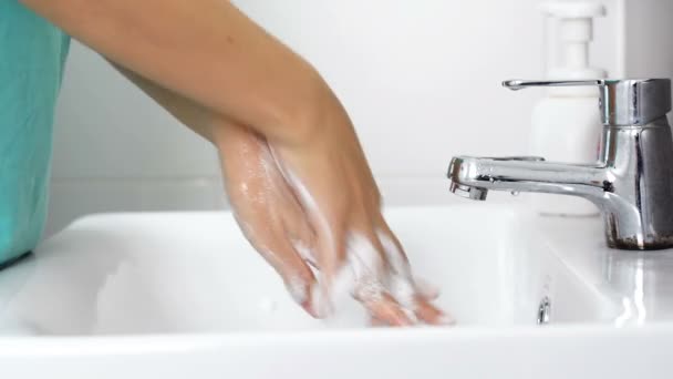 Woman Washing Hand Foam Water Bathroom Prevent Coronavirus Covid Health — Stock Video