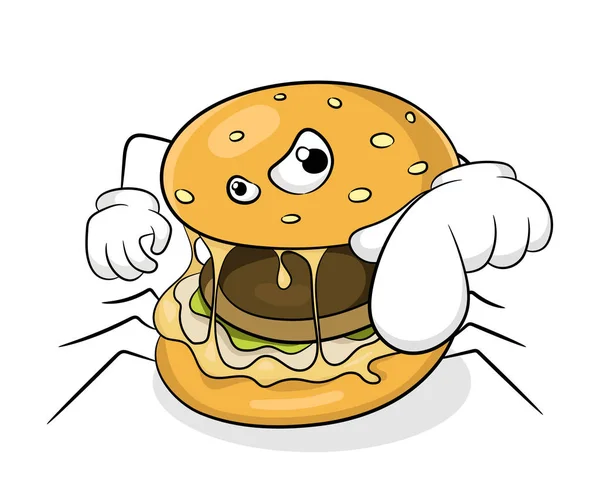 Comida Rápida Mala Concepto Comer Hamburguesa Araña Ilustración Vectorial — Vector de stock