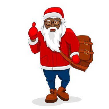 Afrika siyah Noel Baba trendy kıyafetler büyük çanta başparmak sırıtmak. Vektör çizim.