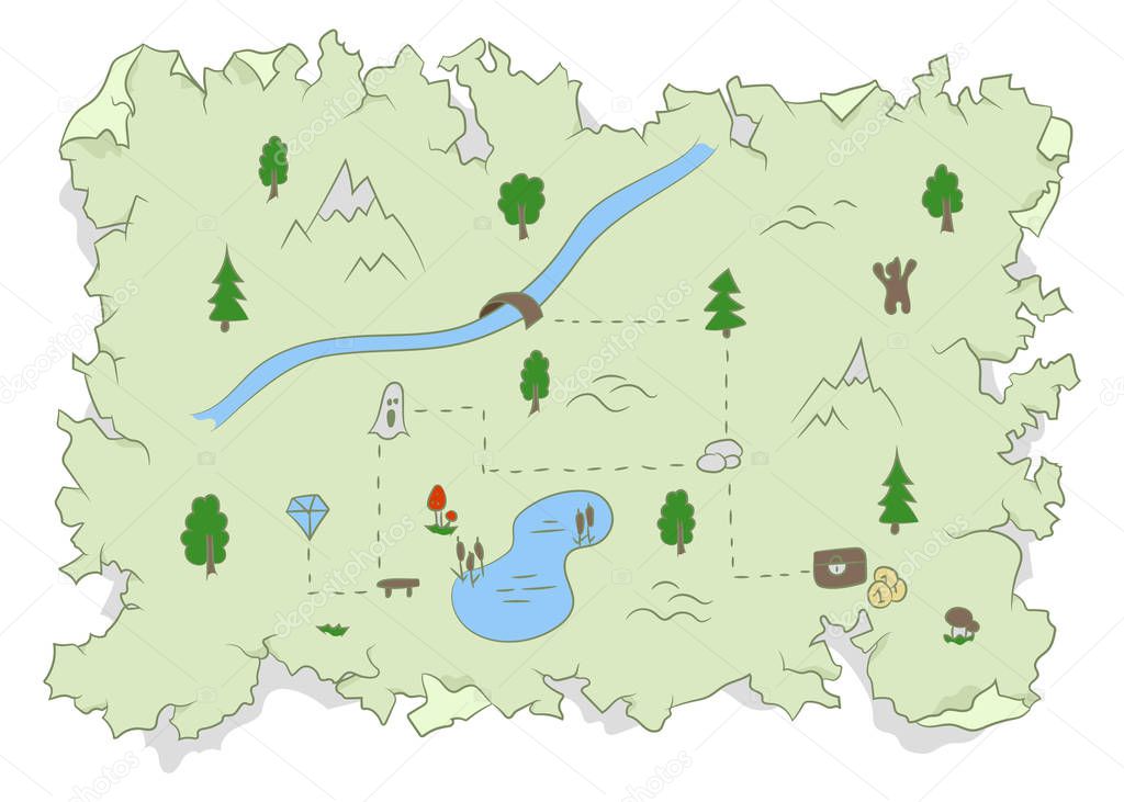 Ancient damaged treasure map hidden in the forest. Vector illustration.