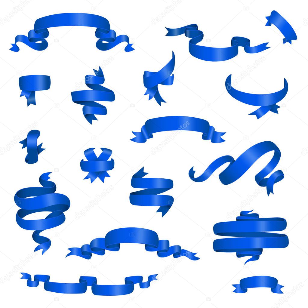 Blue glossy ribbon different banners set. Vector illustration.