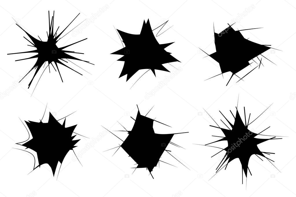 Broken glass effects boom crash silhouette set flat design element. Vector icons.