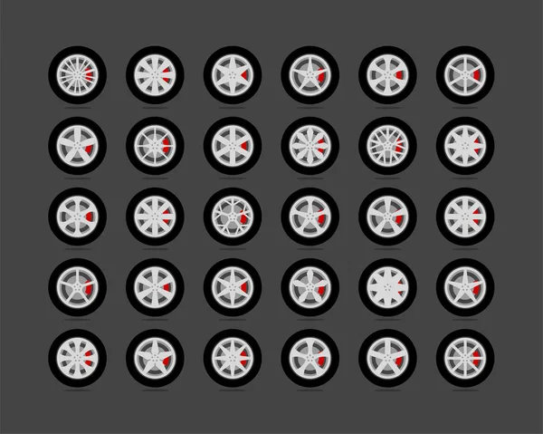 Conjunto de neumáticos y ruedas. Disco coche rueda icono vector . — Vector de stock