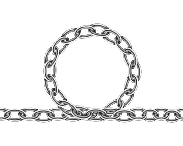 Realistyczna metalowa tekstura łańcucha. Srebrne łańcuchy kolorów łączą się na białym tle — Wektor stockowy