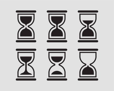 Kum saati vektör düz tasarım ayarlayın. Kum cam simgeleri. Zaman kavramı