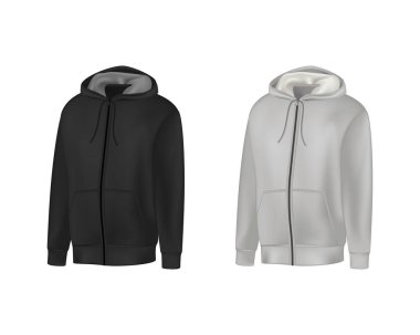 Boş siyah, gri erkek kapüşonlu uzun kollu sweatshirt. Erkek kapüşonu