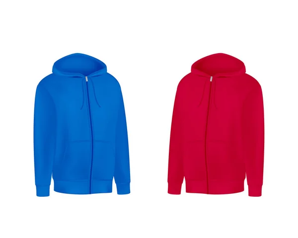 Blank red, blue mens hoodie sweatshirt long sleeve. Male hoody w — ストックベクタ