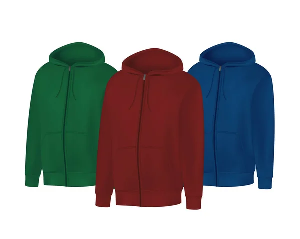 Sudadera con capucha para hombre verde, roja y azul en blanco de manga larga. Varón — Archivo Imágenes Vectoriales