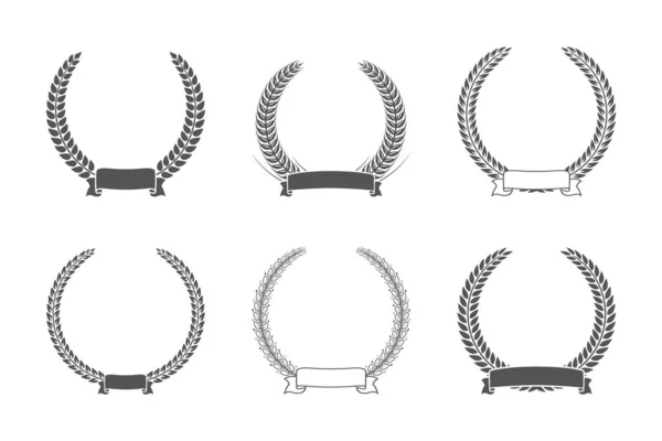 Set Diverse Silhouette Bianco Nero Circolare Alloro Fogliato Modello Premio — Vettoriale Stock