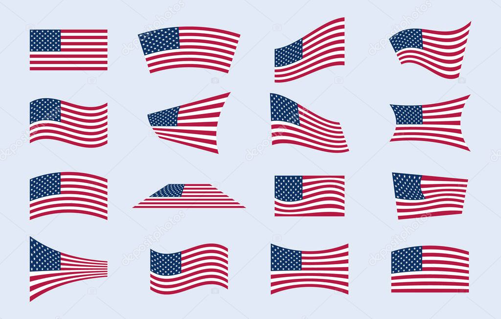 Set of different american flags in different poses. USA flag vector illustration.