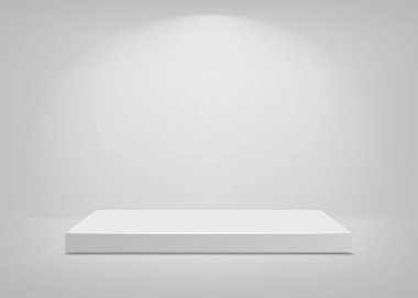 Boş sahne. Beyaz arka plan. Sunum için podyum. Vektör illüstrasyonu.