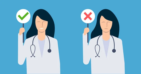 Kadın Doktor Zararlı Sağlık Için Iyi Olanı Sunar Vektör Illüstrasyonu — Stok Vektör