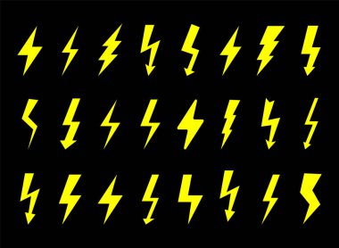 Bir dizi elektrik ikonu. Elektrik şimşek tehlikesi işareti. Vektör illüstrasyonu.