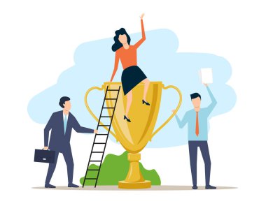 İş, takım çalışması. Kadın ve erkeğin birlikte çalıştığı altın bir kadehleri var. Vektör illüstrasyonu